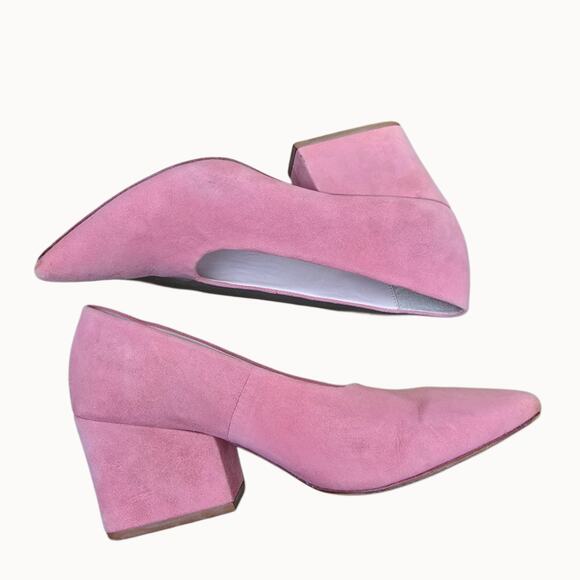 Pink Suede Pumps Loeffler Randall Size 7 Chunky Heel Pointed Toe Leather Sole - Picture 11 of 12